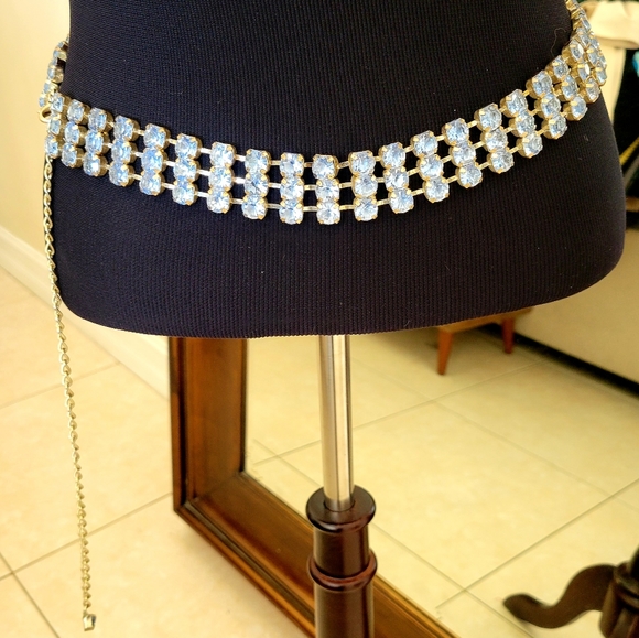 Vintage Womens Light Blue Acrylic Rhinestone Chain Belt - Picture 1 of 9